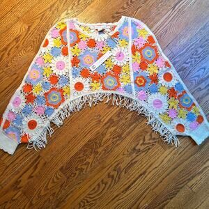 House of Harlow Crop Fringe Poncho Sweater Crochet Shawl Hippie Boho One Size